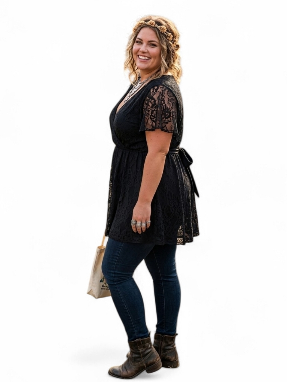 Y2K Black Floral Lace Babydoll Tunic Top Flutter Sleeve Faux Wrap Lined